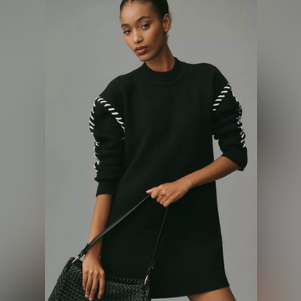 English Factory Black Sweater Dress with White Stitching - Picture 1 of 6